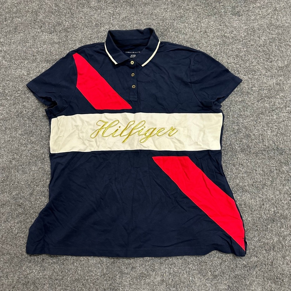 Tommy Hilfiger Polo Womens XL Navy Colorblock Script Logo Cotton Stretch Top